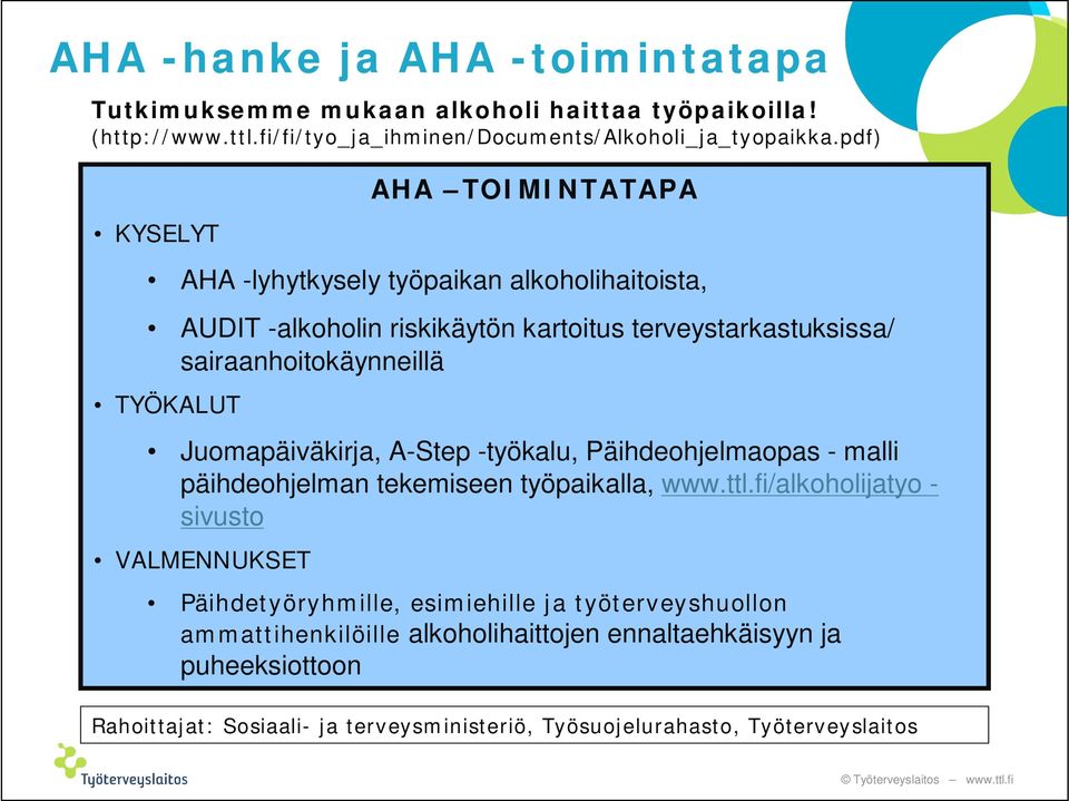 TYÖKALUT Juomapäiväkirja, A-Step -työkalu, Päihdeohjelmaopas - malli päihdeohjelman tekemiseen työpaikalla, www.ttl.