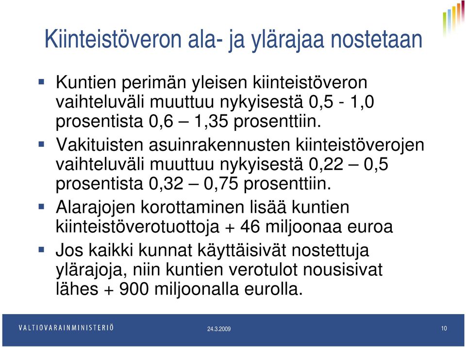 Vakituisten asuinrakennusten kiinteistöverojen vaihteluväli muuttuu nykyisestä 0,22 0,5 prosentista 0,32 0,75 prosenttiin.