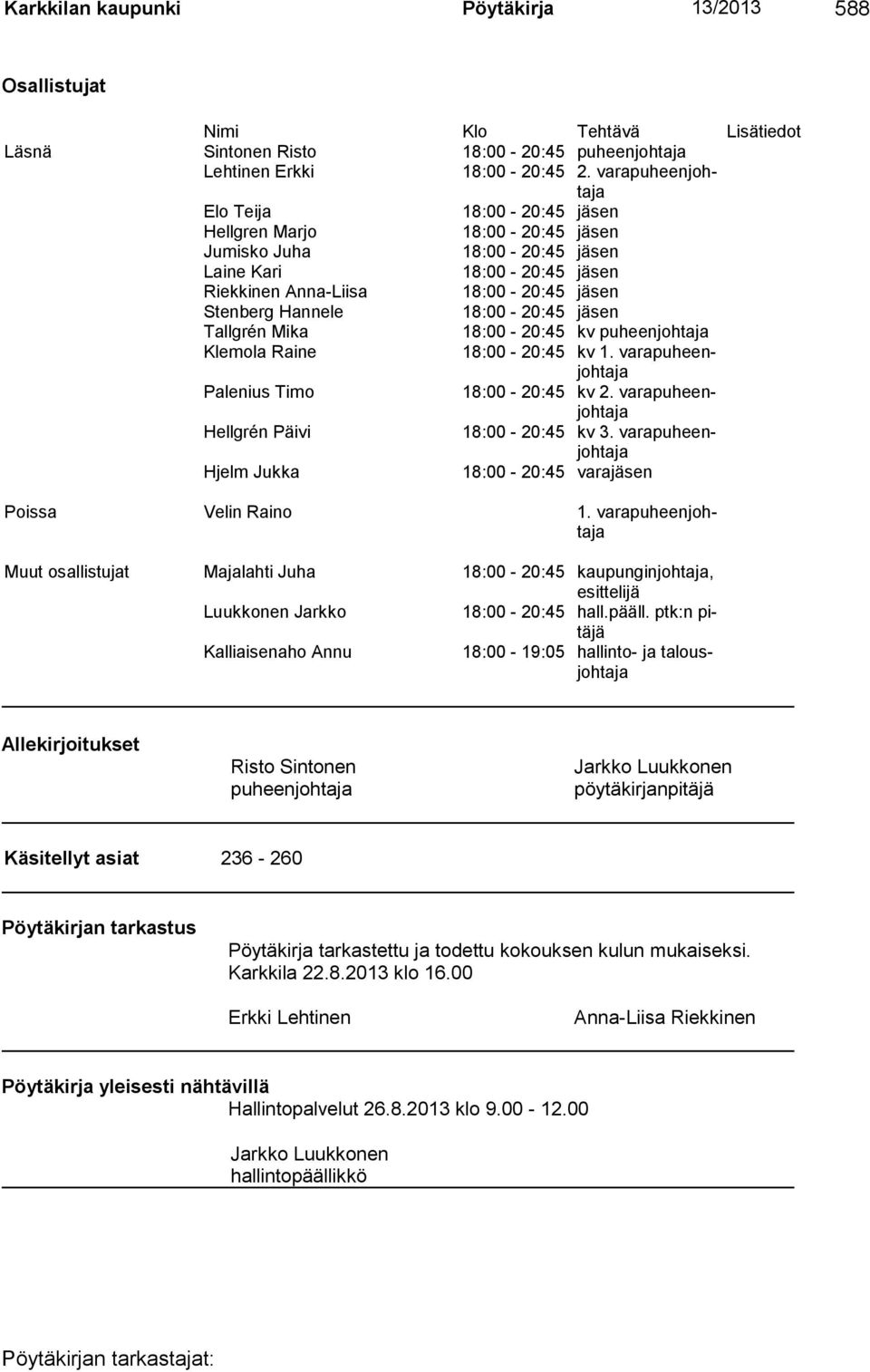 18:00-20:45 jäsen Tallgrén Mika 18:00-20:45 kv puheenjohtaja Klemola Raine 18:00-20:45 kv 1. varapuheenjohtaja Palenius Timo 18:00-20:45 kv 2. varapuheenjohtaja Hellgrén Päivi 18:00-20:45 kv 3.