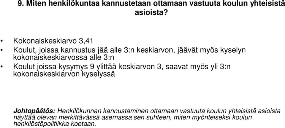 Koulut joissa kysymys 9 ylittää keskiarvon 3, saavat myös yli 3:n kokonaiskeskiarvon kyselyssä Johtopäätös: Henkilökunnan