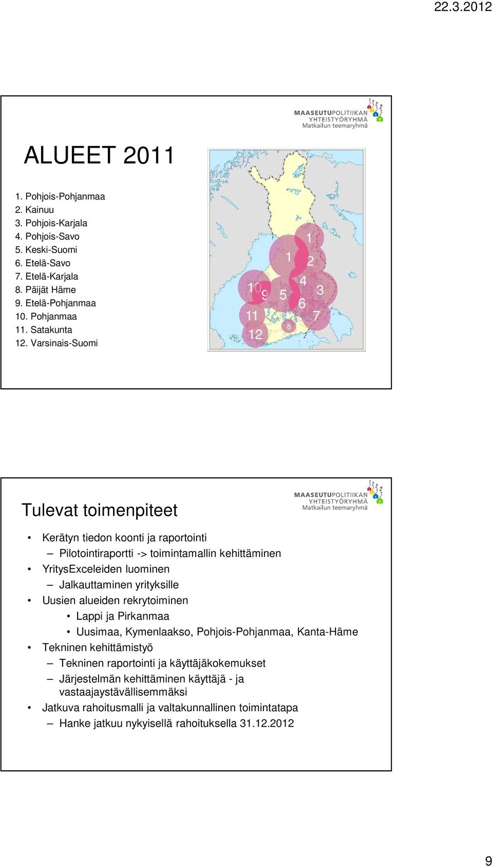 Varsinais-Suomi 10 9 11 12 5 1 8 1 2 4 3 6 7 Tulevat toimenpiteet Kerätyn tiedon koonti ja raportointi Pilotointiraportti -> toimintamallin kehittäminen YritysExceleiden luominen
