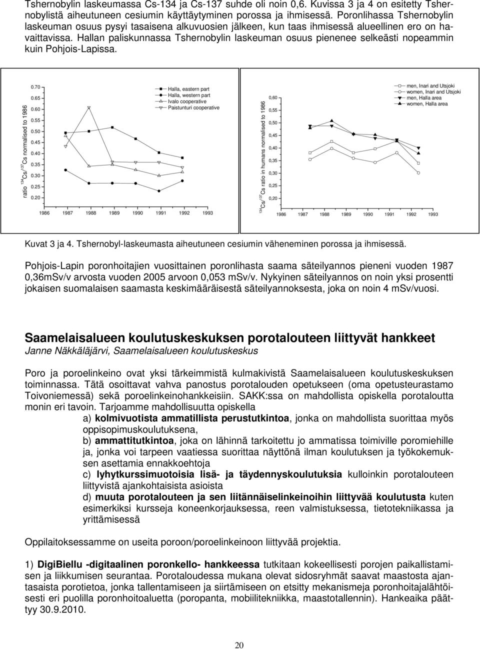 Hallan paliskunnassa Tshernobylin laskeuman osuus pienenee selkeästi nopeammin kuin Pohjois-Lapissa. ratio 134 Cs/ 137 Cs normalised to 1986 0.70 0.65 0.60 0.55 0.50 0.45 0.40 0.35 0.30 0.25 0.