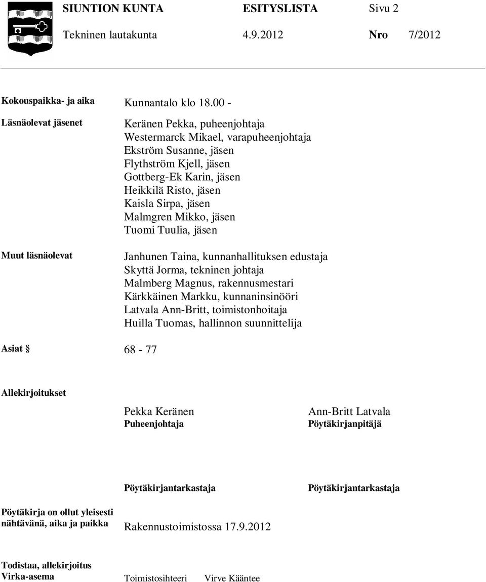 Mikko, jäsen Tuomi Tuulia, jäsen Janhunen Taina, kunnanhallituksen edustaja Skyttä Jorma, tekninen johtaja Malmberg Magnus, rakennusmestari Kärkkäinen Markku, kunnaninsinööri Latvala Ann-Britt,