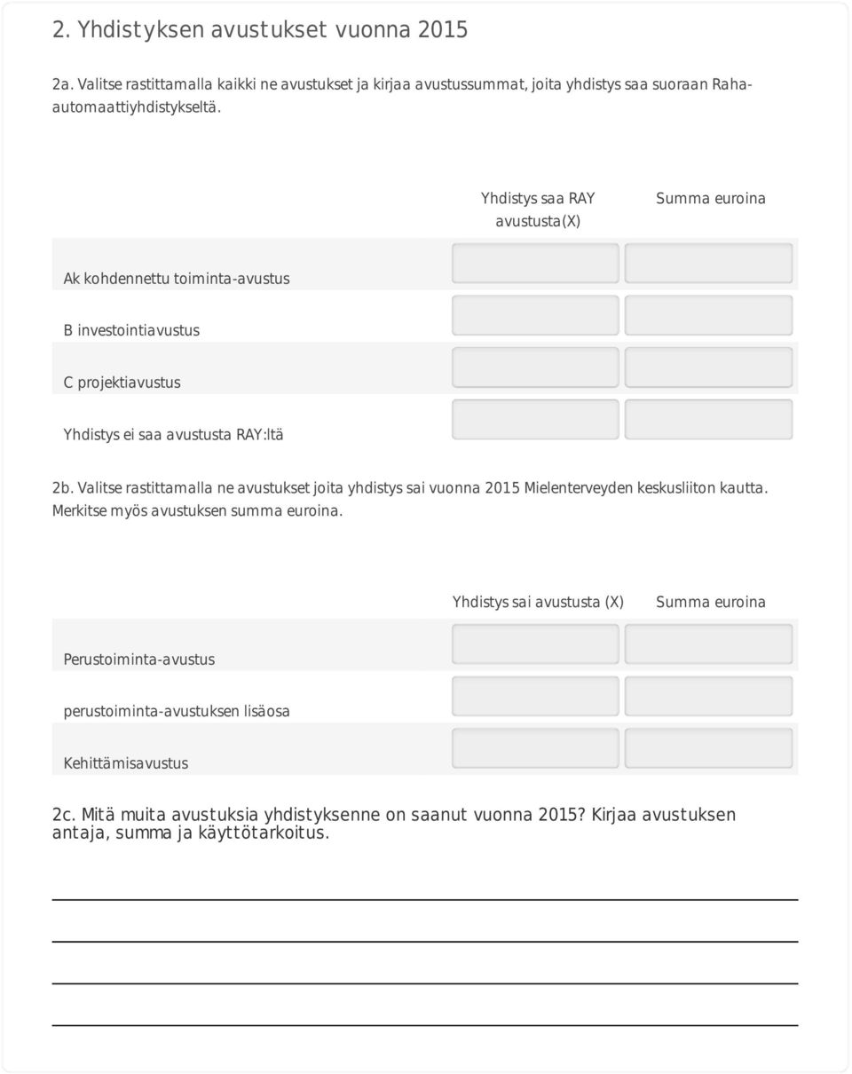 Valitse rastittamalla ne avustukset joita yhdistys sai vuonna 2015 Mielenterveyden keskusliiton kautta. Merkitse myös avustuksen summa euroina.