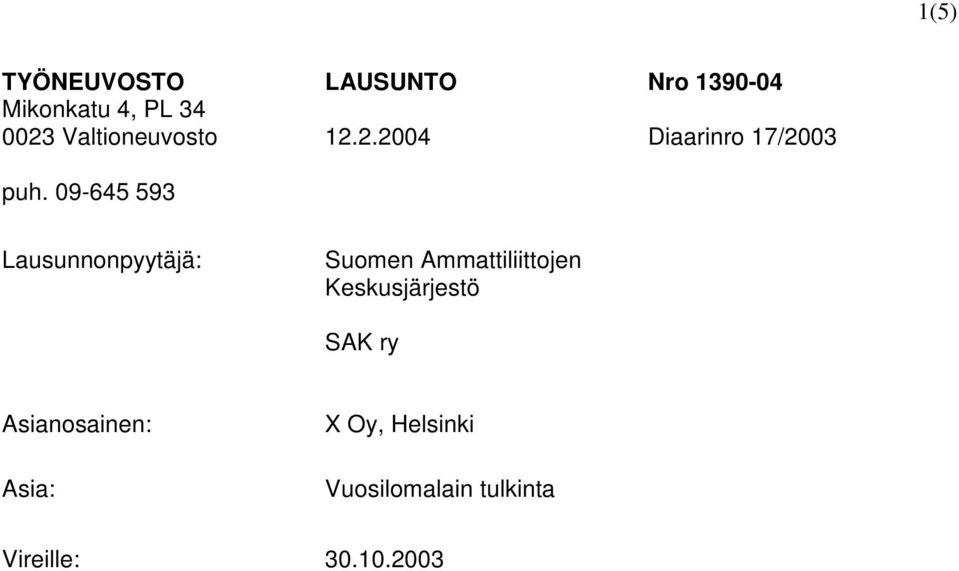 2.2004 Nro 1390-04 Diaarinro 17/2003 Lausunnonpyytäjä: Suomen