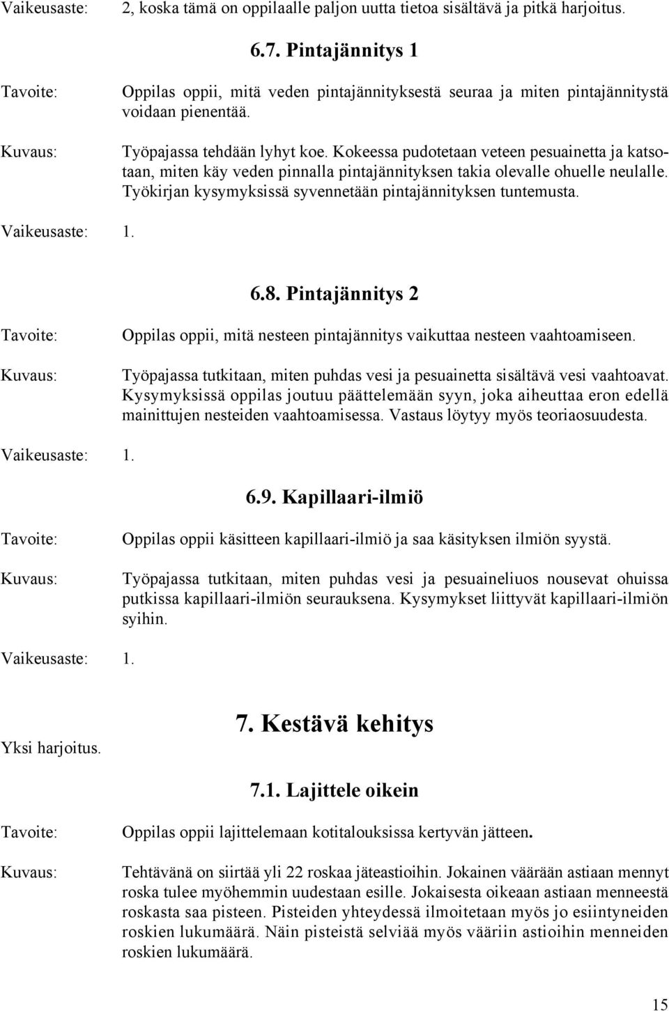 Kokeessa pudotetaan veteen pesuainetta ja katsotaan, miten käy veden pinnalla pintajännityksen takia olevalle ohuelle neulalle. Työkirjan kysymyksissä syvennetään pintajännityksen tuntemusta.