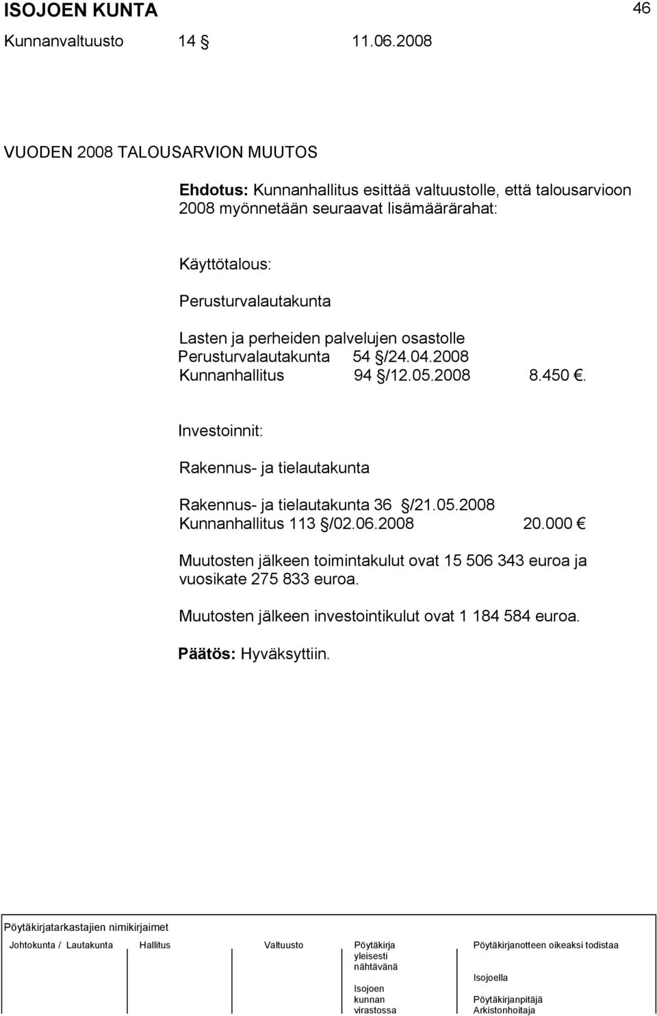 Käyttötalous: Perusturvalautakunta Lasten ja perheiden palvelujen osastolle Perusturvalautakunta 54 /24.04.2008 Kunnanhallitus 94 /12.05.2008 8.450.
