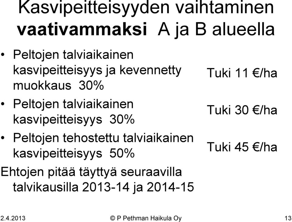 Peltojen tehostettu talviaikainen kasvipeitteisyys 50% Ehtojen pitää täyttyä seuraavilla