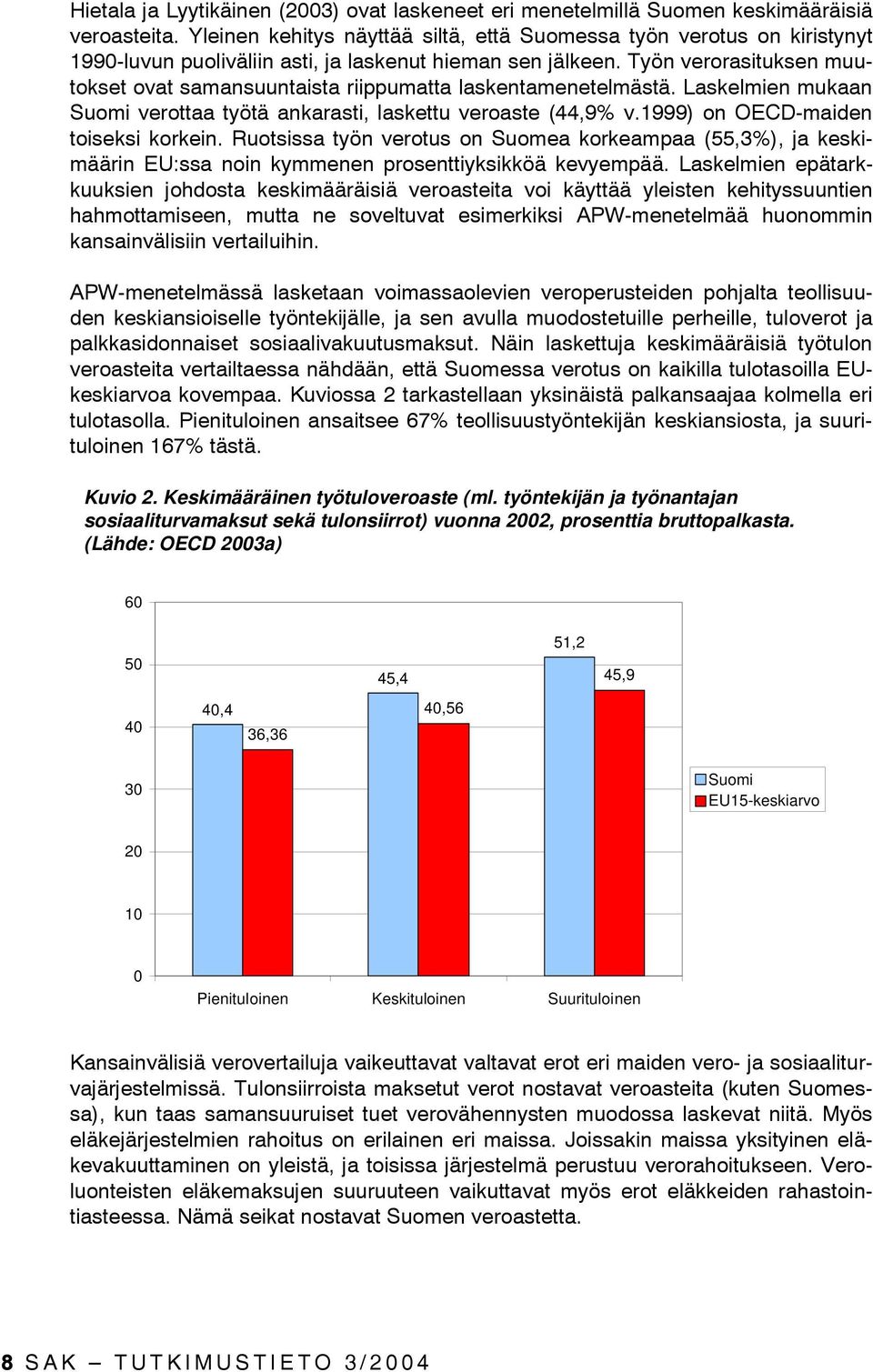 Työn verorasituksen muutokset ovat samansuuntaista riippumatta laskentamenetelmästä. Laskelmien mukaan Suomi verottaa työtä ankarasti, laskettu veroaste (44,9% v.1999) on OECD-maiden toiseksi korkein.