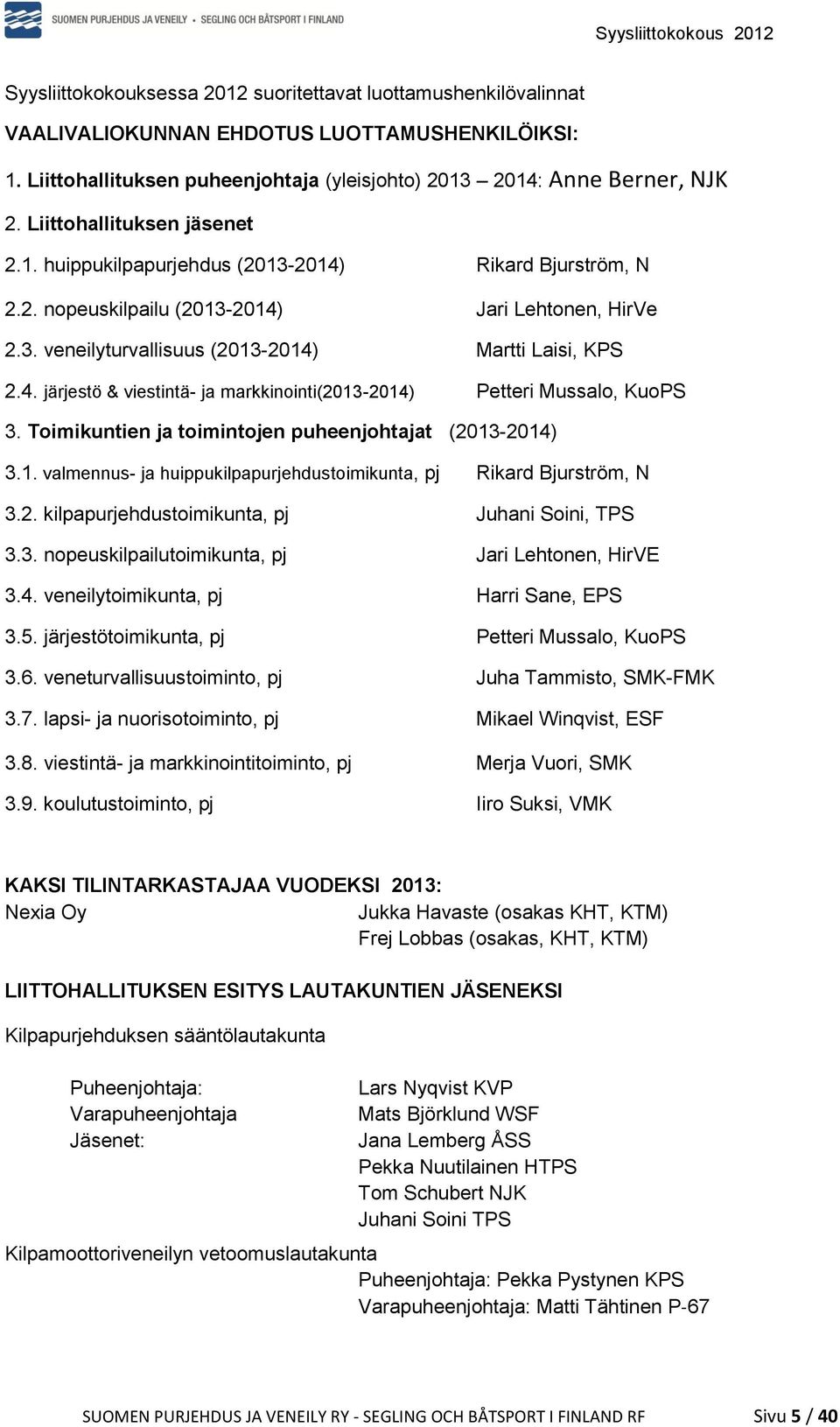 Toimikuntien ja toimintojen puheenjohtajat (2013-2014) 3.1. valmennus- ja huippukilpapurjehdustoimikunta, pj Rikard Bjurström, N 3.2. kilpapurjehdustoimikunta, pj Juhani Soini, TPS 3.3. nopeuskilpailutoimikunta, pj Jari Lehtonen, HirVE 3.