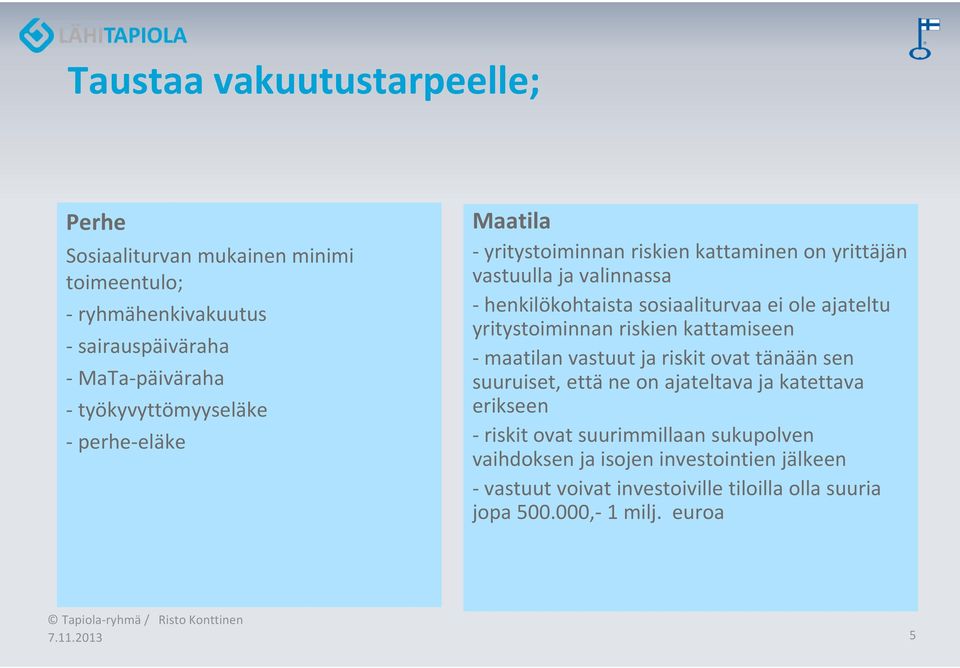 ei ole ajateltu yritystoiminnan riskien kattamiseen -maatilan vastuut ja riskit ovat tänään sen suuruiset, että ne on ajateltava ja katettava