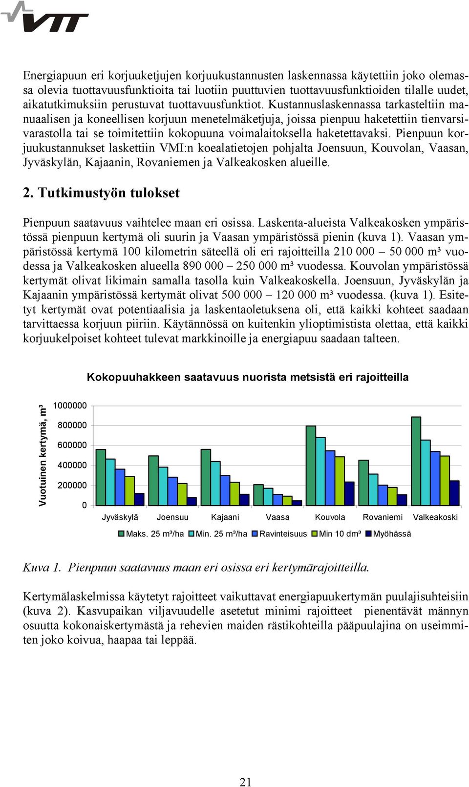 Kustannuslaskennassa tarkasteltiin manuaalisen ja koneellisen korjuun menetelmäketjuja, joissa pienpuu haketettiin tienvarsivarastolla tai se toimitettiin kokopuuna voimalaitoksella haketettavaksi.