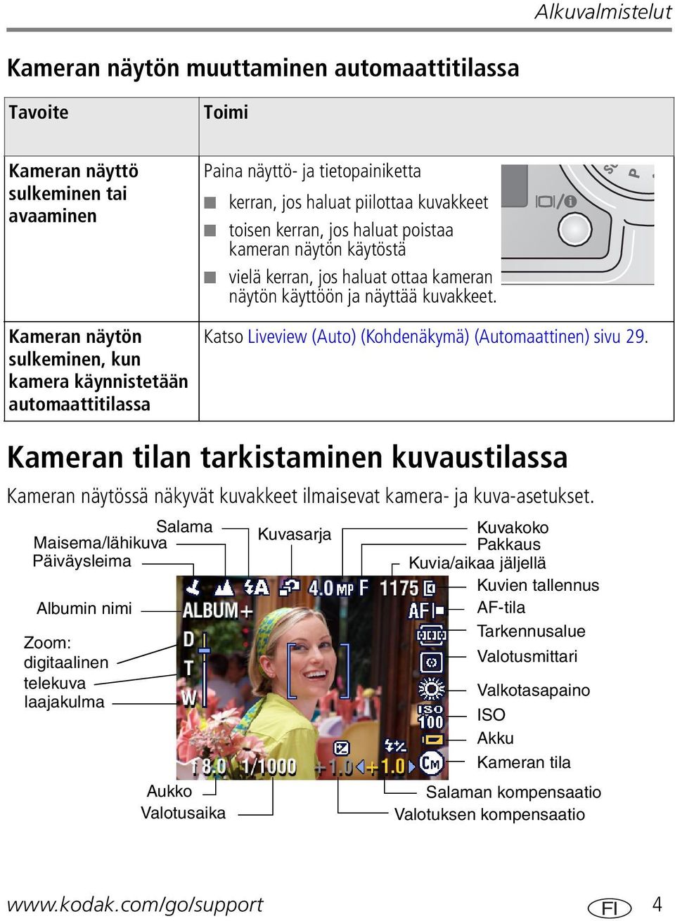 Katso Liveview (Auto) (Kohdenäkymä) (Automaattinen) sivu 29. Kameran tilan tarkistaminen kuvaustilassa Kameran näytössä näkyvät kuvakkeet ilmaisevat kamera- ja kuva-asetukset.