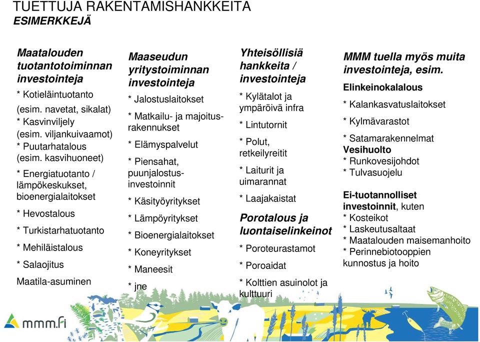 Jalostuslaitokset * Matkailu- ja majoitusrakennukset * Elämyspalvelut * Piensahat, puunjalostusinvestoinnit * Käsityöyritykset * Lämpöyritykset * Bioenergialaitokset * Koneyritykset * Maneesit * jne