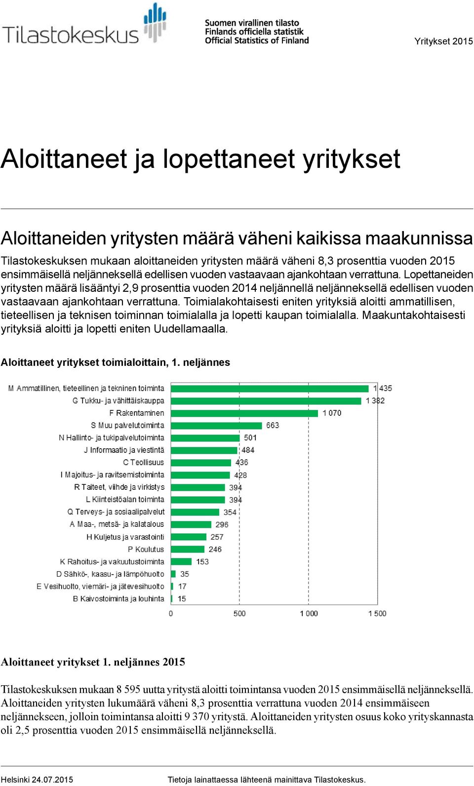 Lopettaneiden yritysten määrä lisääntyi 2,9 prosenttia vuoden 2014 neljännellä neljänneksellä edellisen vuoden vastaavaan ajankohtaan verrattuna.