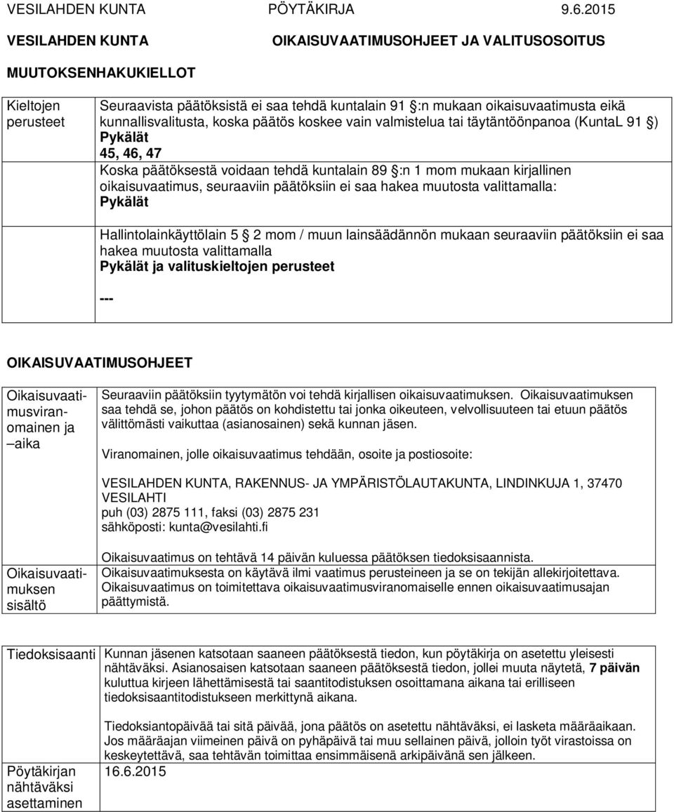 kunnallisvalitusta, koska päätös koskee vain valmistelua tai täytäntöönpanoa (KuntaL 91 ) Pykälät 45, 46, 47 Koska päätöksestä voidaan tehdä kuntalain 89 :n 1 mom mukaan kirjallinen oikaisuvaatimus,