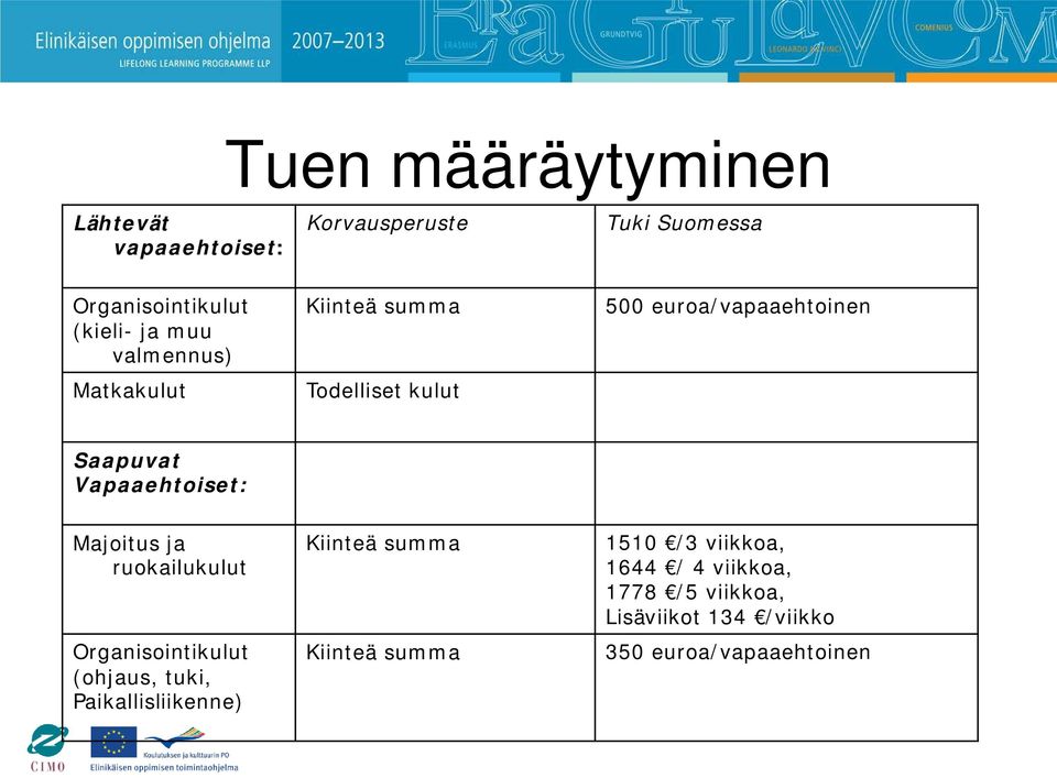 Vapaaehtoiset: Majoitus ja ruokailukulut Organisointikulut (ohjaus, tuki, Paikallisliikenne) Kiinteä