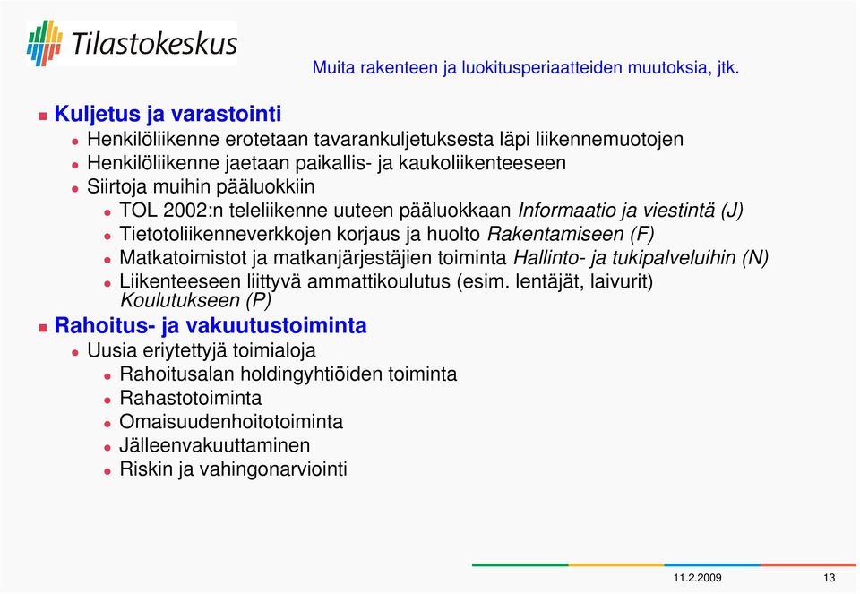 uuteen pääluokkaan Informaatio ja viestintä (J) Tietotoliikenneverkkojen korjaus ja huolto Rakentamiseen (F) Matkatoimistot ja matkanjärjestäjien toiminta Hallinto- ja