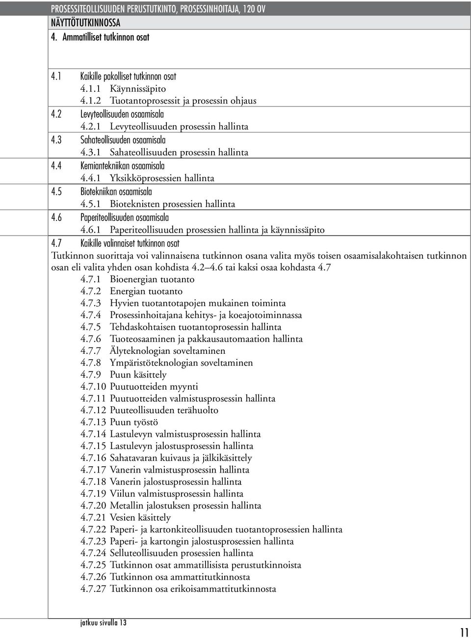 5 Biotekniikan osaamisala 4.5.1 Bioteknisten prosessien 4.6 Paperiteollisuuden osaamisala 4.6.1 Paperiteollisuuden prosessien ja käynnissäpito 4.