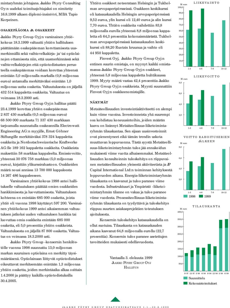 1999 valtuutti yhtiön hallituksen päättämään osakepääoman korottamisesta uusmerkinnällä sekä vaihtovelkakirja- ja/tai optiolainojen ottamisesta niin, että uusmerkinnässä sekä vaihtovelkakirjojen että