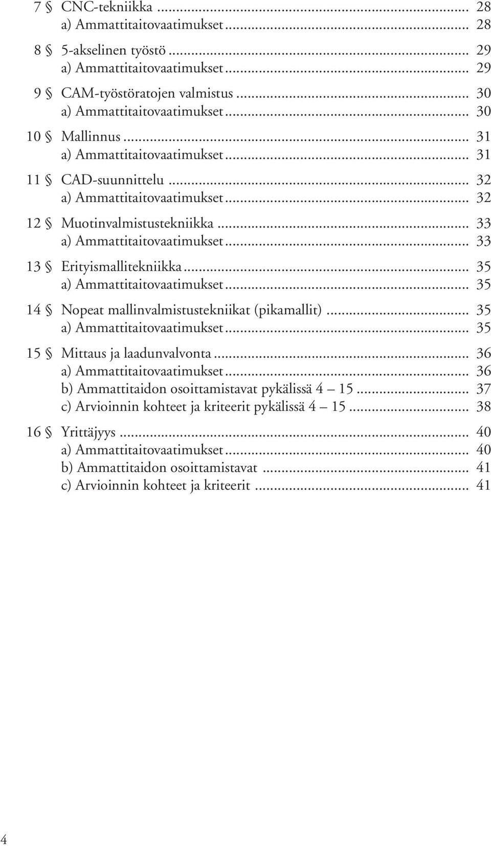 .. 35 a) Ammattitaitovaatimukset... 35 14 Nopeat mallinvalmistustekniikat (pikamallit)... 35 a) Ammattitaitovaatimukset... 35 15 Mittaus ja laadunvalvonta... 36 a) Ammattitaitovaatimukset.