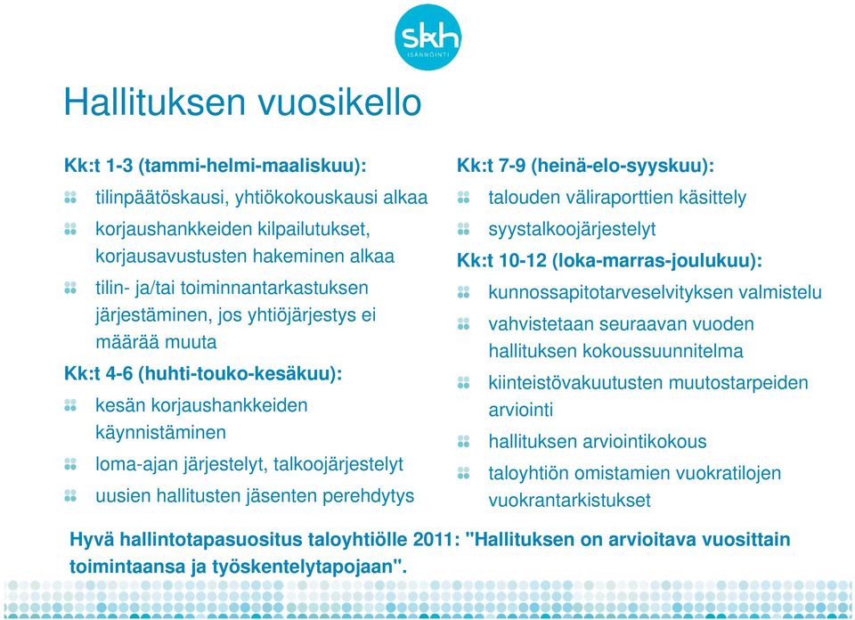 hallitusten jäsenten perehdytys Kk:t 7-9 (heinä-elo-syyskuu): talouden väliraporttien käsittely syystalkoojärjestelyt Kk:t 10-12 (loka-marras-joulukuu): kunnossapitotarveselvityksen valmistelu