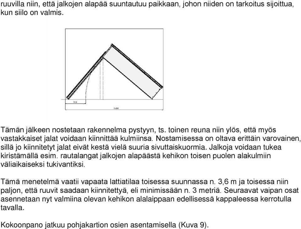 Jalkoja voidaan tukea kiristämällä esim. rautalangat jalkojen alapäästä kehikon toisen puolen alakulmiin väliaikaiseksi tukivantiksi. Tämä menetelmä vaatii vapaata lattiatilaa toisessa suunnassa n.