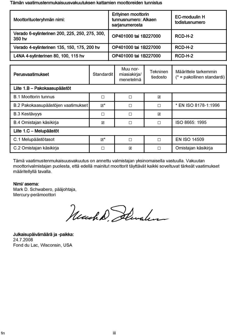 Perusvtimukset Stndrdit Muu normisikirj/ menetelmä Tekninen tiedosto Määrittele trkemmin (* = pkollinen stndrdi) Liite 1.B Pkoksupäästöt B.1 Moottorin tunnus B.