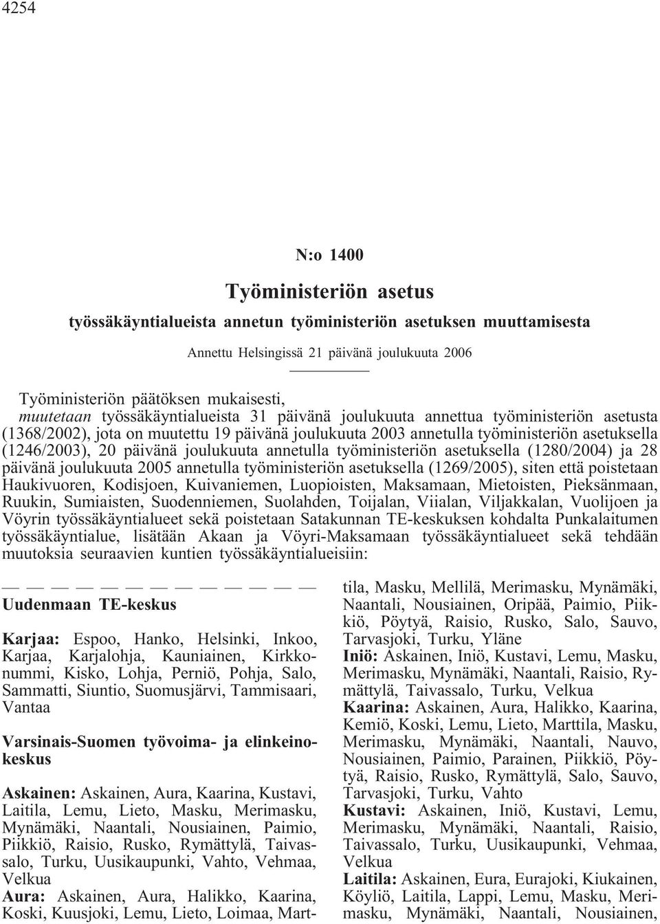 joulukuuta annetulla työministeriön asetuksella (1280/2004) ja 28 päivänä joulukuuta 2005 annetulla työministeriön asetuksella (1269/2005), siten että poistetaan Haukivuoren, Kodisjoen, Kuivaniemen,