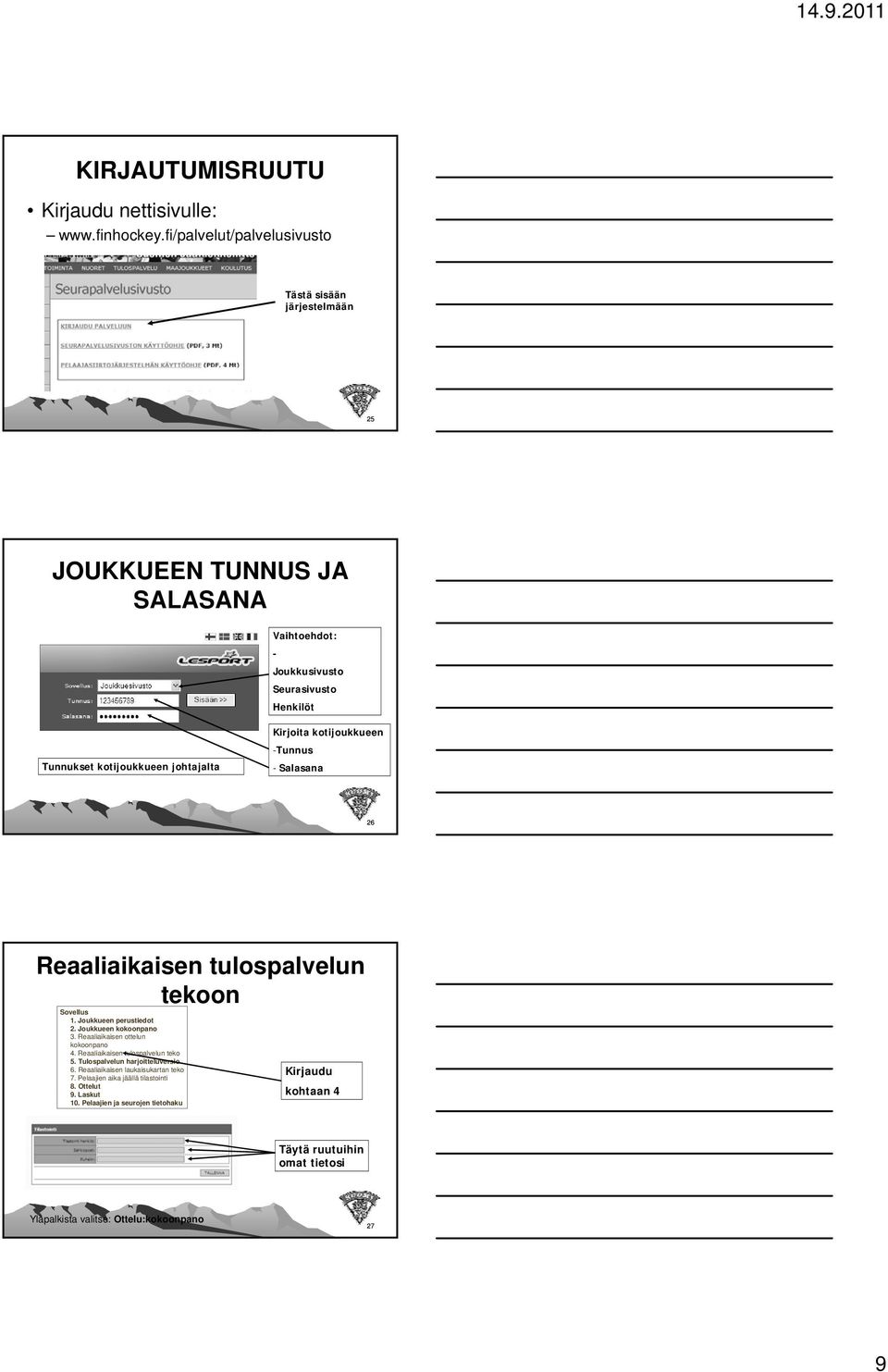 Kirjoita kotijoukkueen -Tunnus - Salasana 26 Reaaliaikaisen tulospalvelun tekoon Sovellus 1. Joukkueen perustiedot 2. Joukkueen kokoonpano 3.