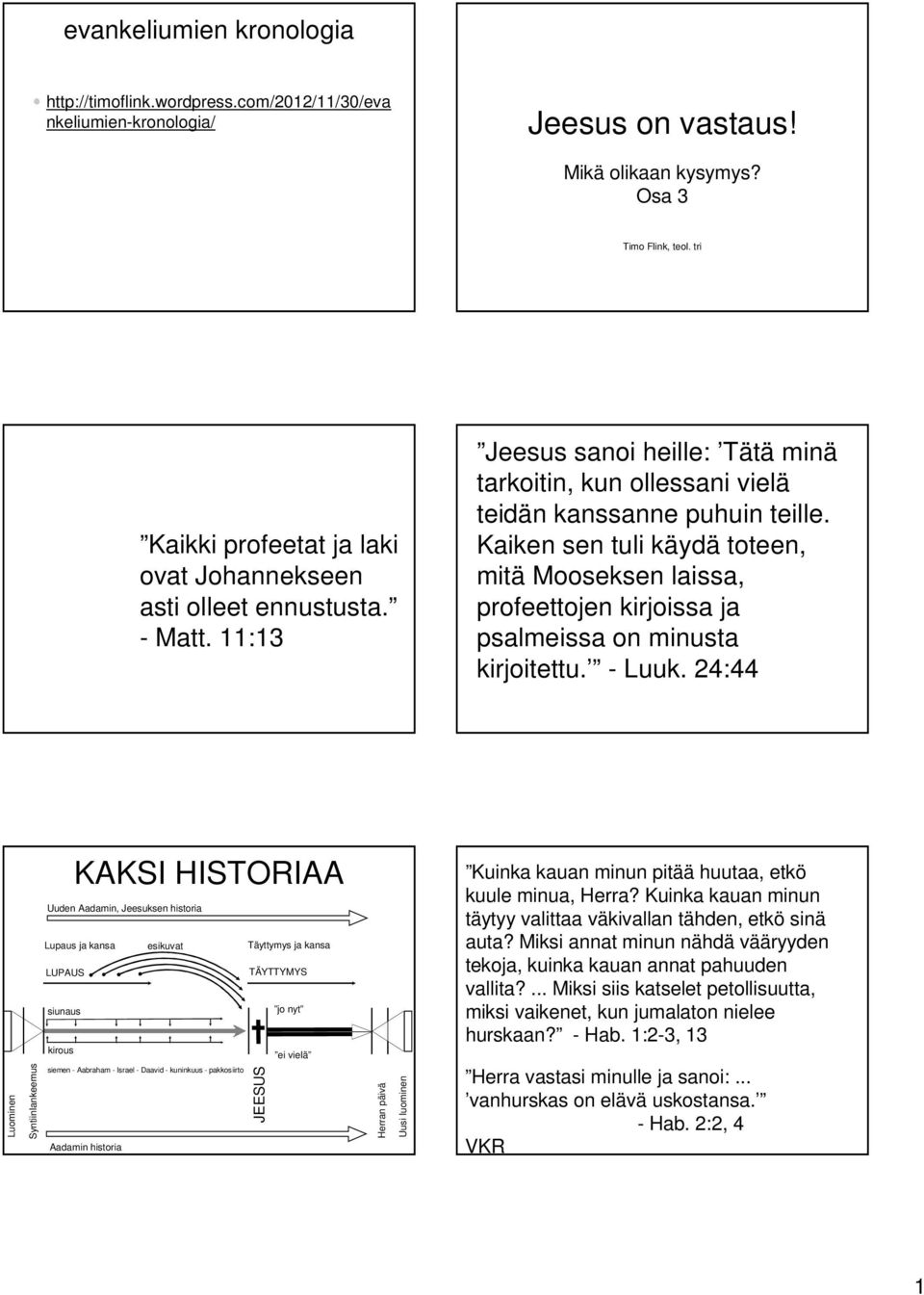 Kaiken sen tuli käydä toteen, mitä Mooseksen laissa, profeettojen kirjoissa ja psalmeissa on minusta kirjoitettu. - Luuk.