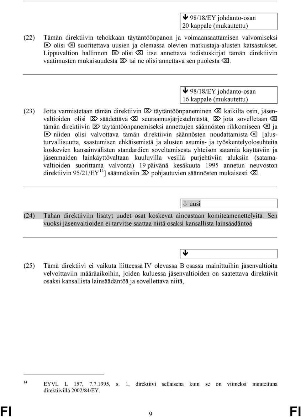 98/18/EY johdanto-osan 16 kappale (mukautettu) (23) Jotta varmistetaan tämän direktiivin täytäntöönpaneminen kaikilta osin, jäsenvaltioiden olisi säädettävä seuraamusjärjestelmästä, jota sovelletaan