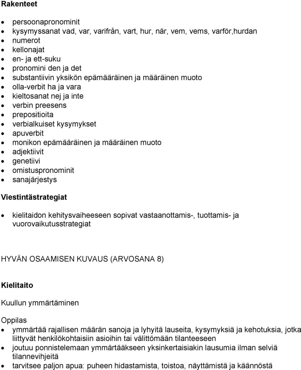 omistuspronominit sanajärjestys Viestintästrategiat kielitaidon kehitysvaiheeseen sopivat vastaanottamis-, tuottamis- ja vuorovaikutusstrategiat HYVÄN OSAAMISEN KUVAUS (ARVOSANA 8) Kielitaito Kuullun