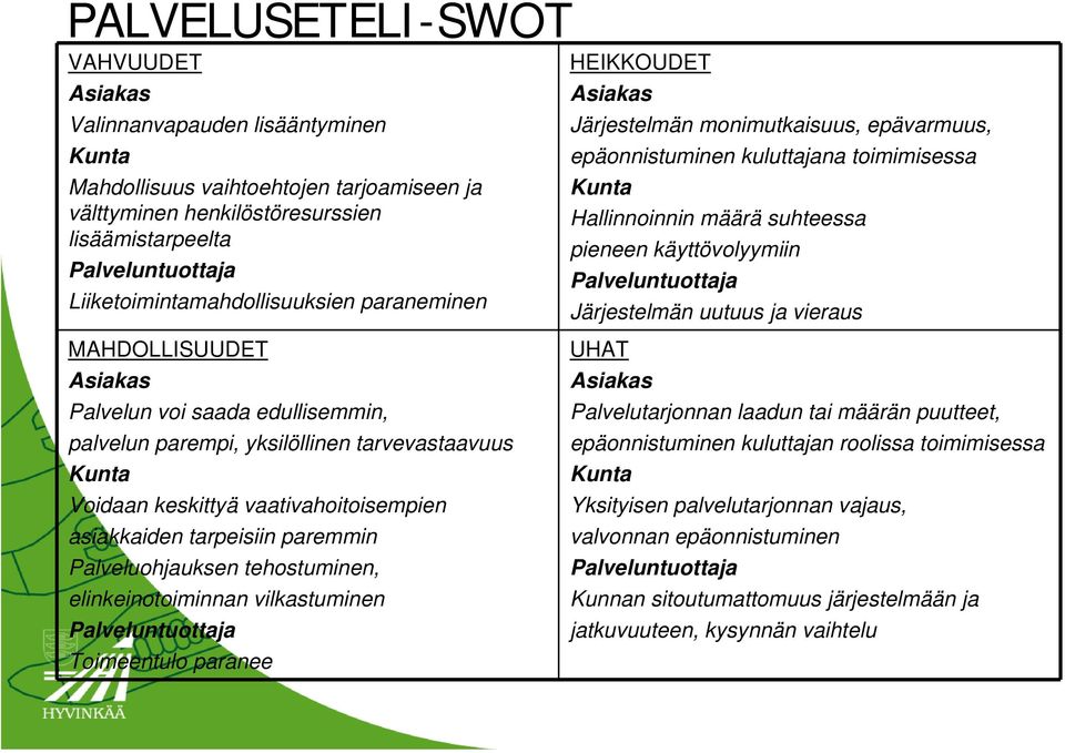 asiakkaiden tarpeisiin paremmin Palveluohjauksen tehostuminen, elinkeinotoiminnan vilkastuminen Palveluntuottaja Toimeentulo paranee HEIKKOUDET Asiakas Järjestelmän monimutkaisuus, epävarmuus,