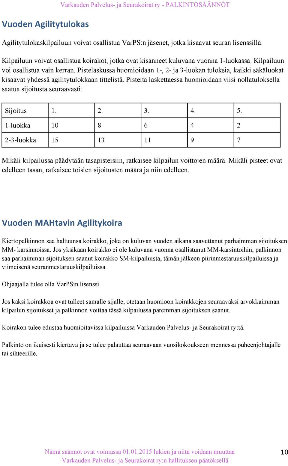 Pistelaskussa huomioidaan 1-, 2- ja 3-luokan tuloksia, kaikki säkäluokat kisaavat yhdessä agilitytulokkaan tittelistä.