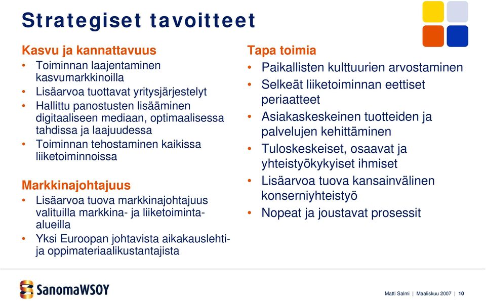 Yksi Euroopan johtavista aikakauslehtija oppimateriaalikustantajista Tapa toimia Paikallisten kulttuurien arvostaminen Selkeät liiketoiminnan eettiset periaatteet Asiakaskeskeinen