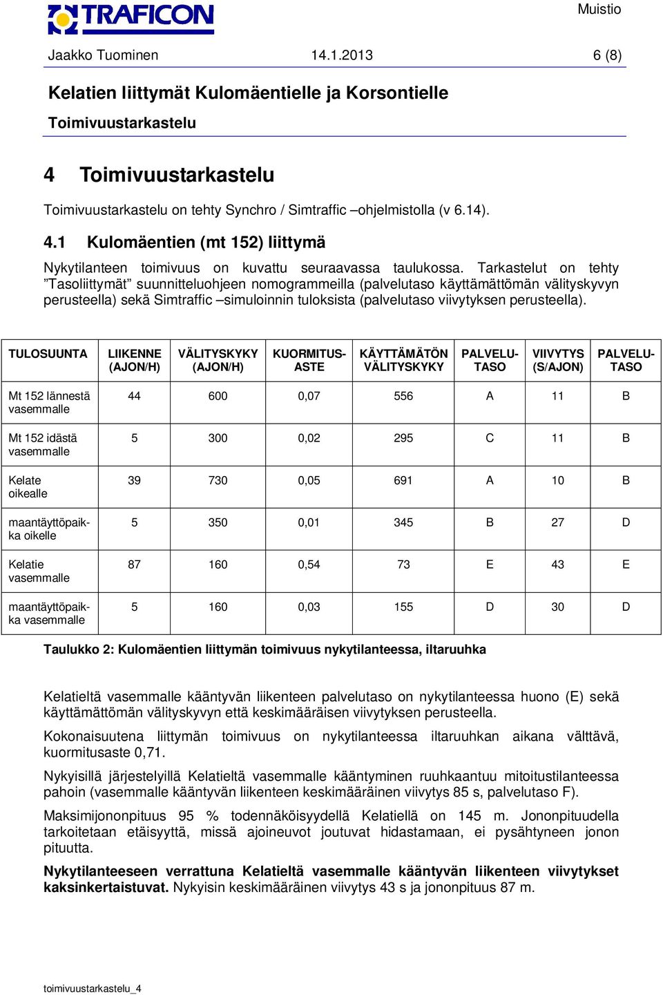 TULOSUUNTA LIIKENNE (AJON/H) VÄLITYSKYKY (AJON/H) KUORMITUS- ASTE KÄYTTÄMÄTÖN VÄLITYSKYKY PALVELU- TASO VIIVYTYS (S/AJON) PALVELU- TASO Mt 152 lännestä vasemmalle Mt 152 idästä vasemmalle Kelate