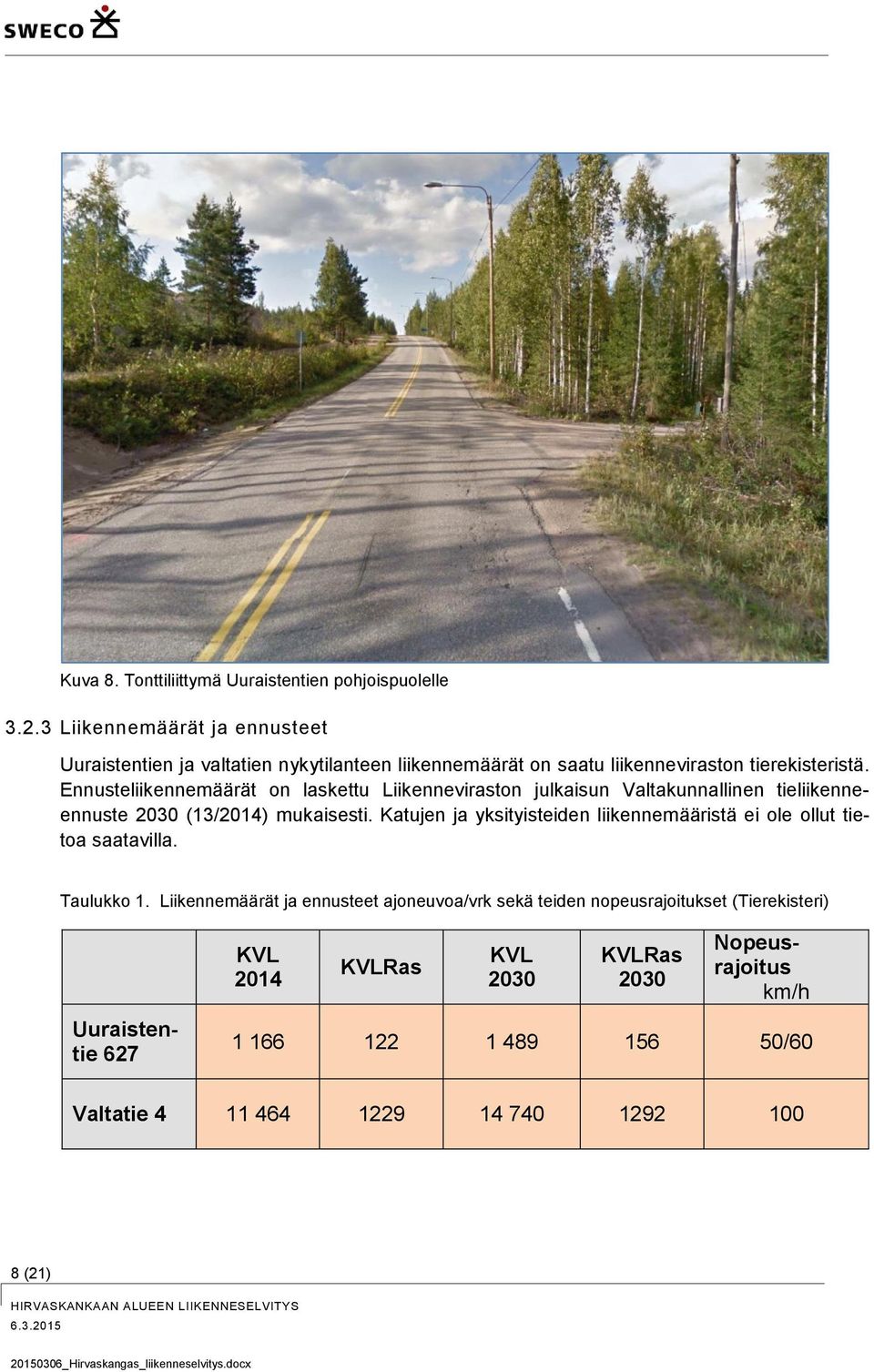 Ennusteliikennemäärät on laskettu Liikenneviraston julkaisun Valtakunnallinen tieliikenneennuste 2030 (13/2014) mukaisesti.