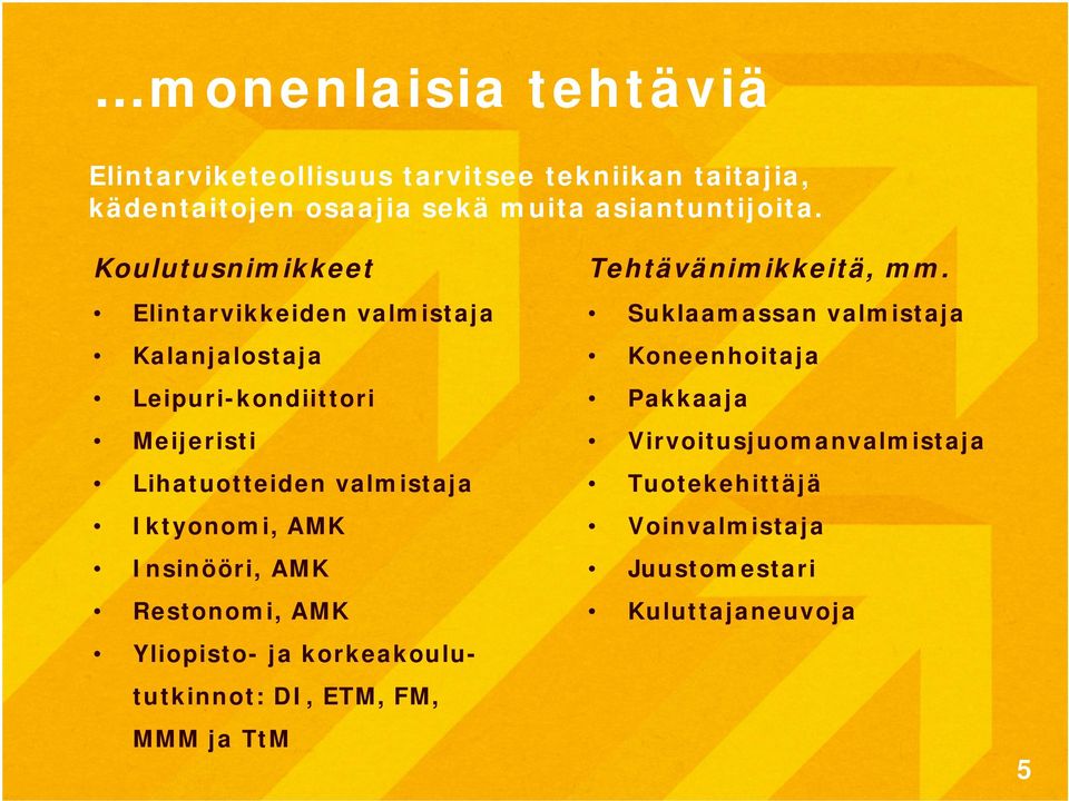 Iktyonomi, AMK Insinööri, AMK Restonomi, AMK Yliopisto- ja korkeakoulututkinnot: DI, ETM, FM, MMM ja TtM Tehtävänimikkeitä,