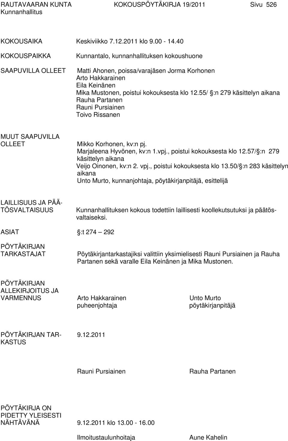 55/ :n 279 käsittelyn aikana Rauha Partanen Rauni Pursiainen Toivo Rissanen MUUT SAAPUVILLA OLLEET Mikko Korhonen, kv:n pj. Marjaleena Hyvönen, kv:n 1.vpj., poistui kokouksesta klo 12.