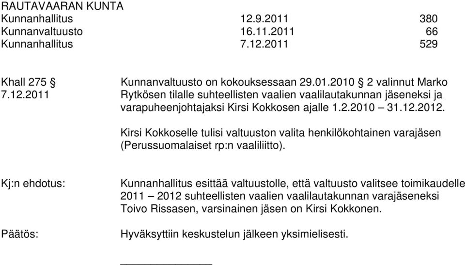 Kj:n ehdotus: Kunnanhallitus esittää valtuustolle, että valtuusto valitsee toimikaudelle 2011 2012 suhteellisten vaalien vaalilautakunnan varajäseneksi Toivo
