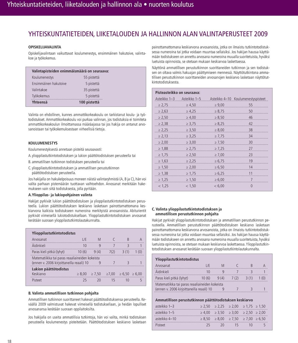 Valintapisteiden enimmäismäärä on seuraava: Koulumenestys Ensimmäinen hakutoive Valintakoe Työkokemus Yhteensä 55 pistettä 5 pistettä 35 pistettä 5 pistettä 100 pistettä Valinta on ehdollinen, kunnes