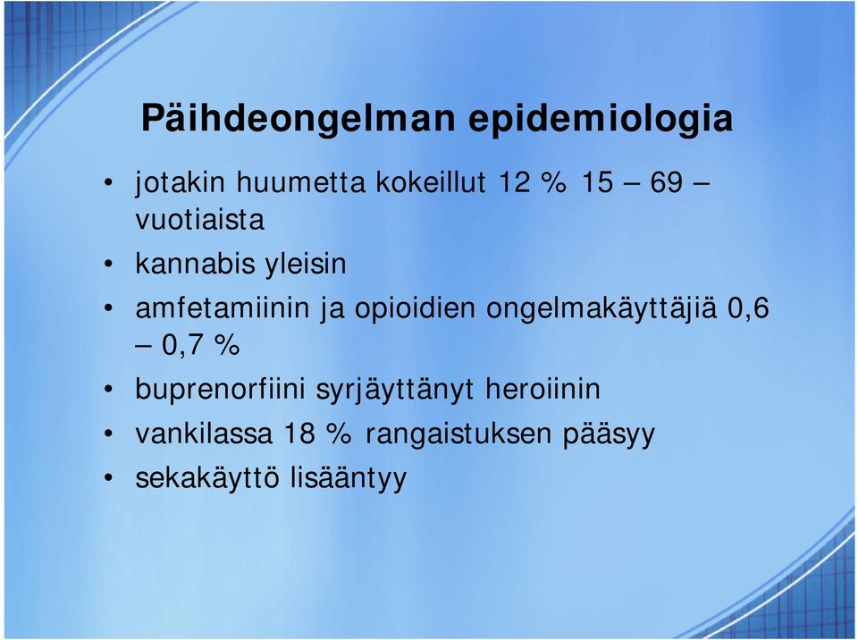 ongelmakäyttäjiä 0,6 0,7 % buprenorfiini syrjäyttänyt