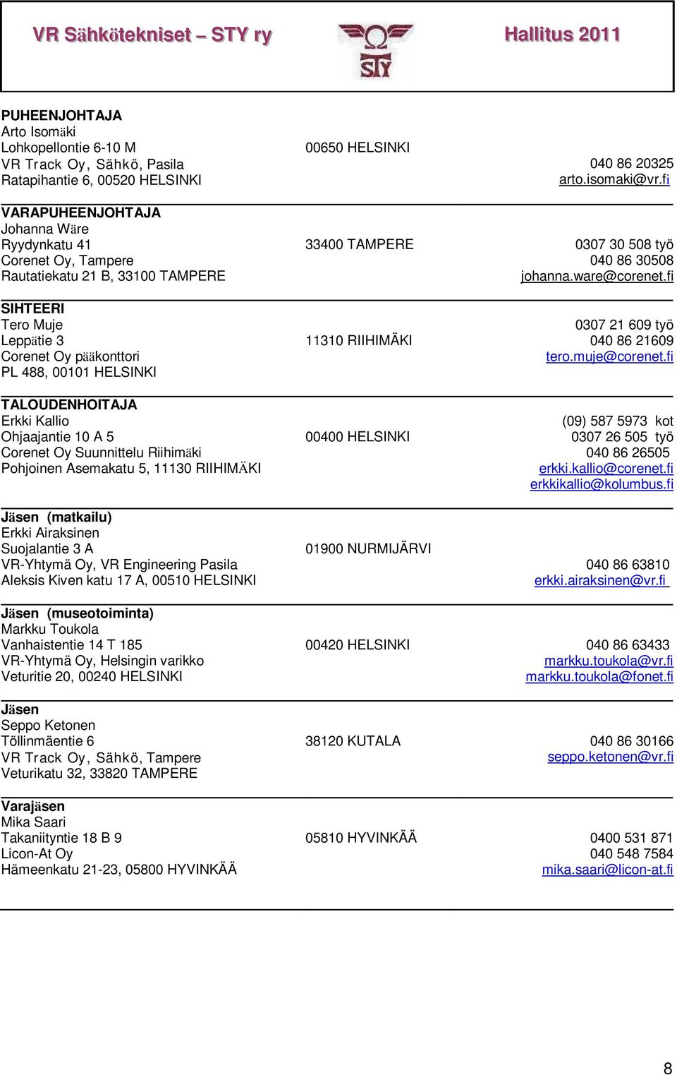 fi SIHTEERI Tero Muje Leppätie 3 Corenet Oy pääkonttori PL 488, 00101 HELSINKI TALOUDENHOITAJA Erkki Kallio Ohjaajantie 10 A 5 Corenet Oy Suunnittelu Riihimäki Pohjoinen Asemakatu 5, 11130 RIIHIMÄKI