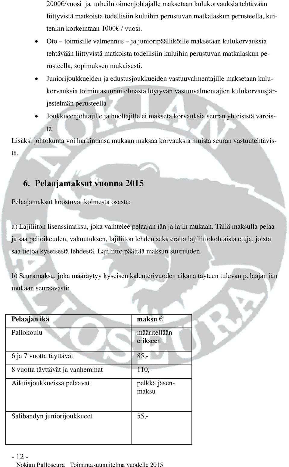 Juniorijoukkueiden ja edustusjoukkueiden vastuuvalmentajille maksetaan kulukorvauksia toimintasuunnitelmasta löytyvän vastuuvalmentajien kulukorvausjärjestelmän perusteella Joukkueenjohtajille ja