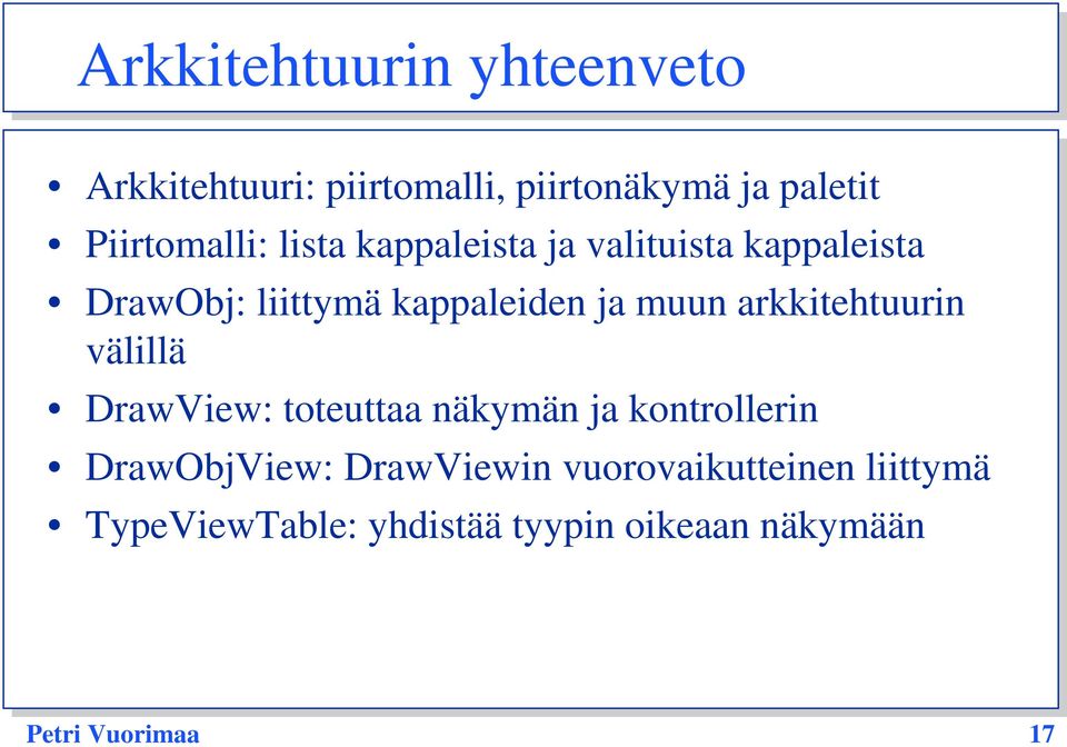 ja muun arkkitehtuurin välillä DrawView: toteuttaa näkymän ja kontrollerin DrawObjView: