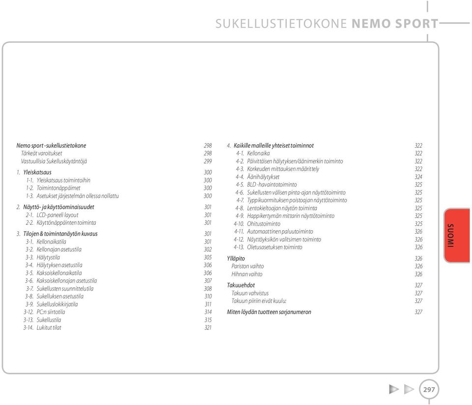 Tilojen & toimintanäytön kuvaus 301 3-1. Kellonaikatila 301 3-2. Kellonajan asetustila 302 3-3. Hälytystila 305 3-4. Hälytyksen asetustila 306 3-5. Kaksoiskellonaikatila 306 3-6.
