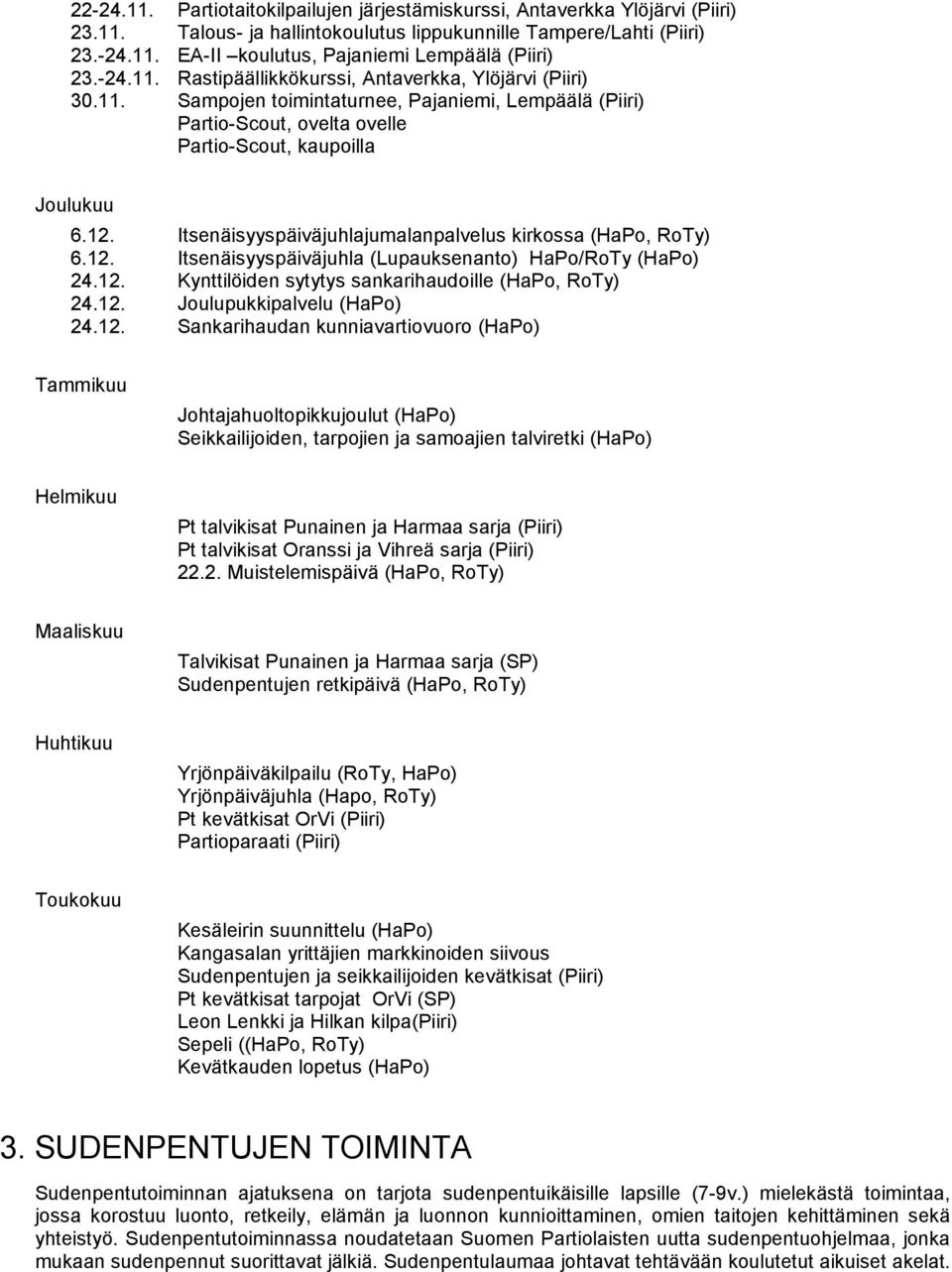 Itsenäisyyspäiväjuhlajumalanpalvelus kirkossa (HaPo, RoTy) 6.12. Itsenäisyyspäiväjuhla (Lupauksenanto) HaPo/RoTy (HaPo) 24.12. Kynttilöiden sytytys sankarihaudoille (HaPo, RoTy) 24.12. Joulupukkipalvelu (HaPo) 24.