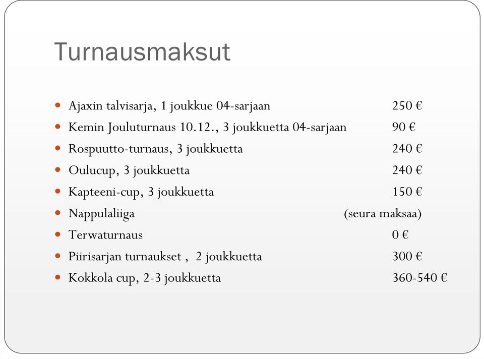 joukkuetta 240 Kapteeni-cup, 3 joukkuetta 150 Nappulaliiga (seura maksaa)