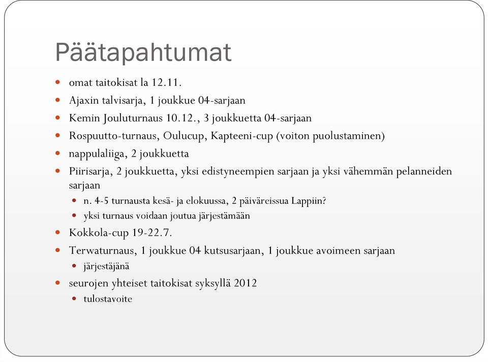 , 3 joukkuetta 04-sarjaan Rospuutto-turnaus, Oulucup, Kapteeni-cup (voiton puolustaminen) nappulaliiga, 2 joukkuetta Piirisarja, 2 joukkuetta,